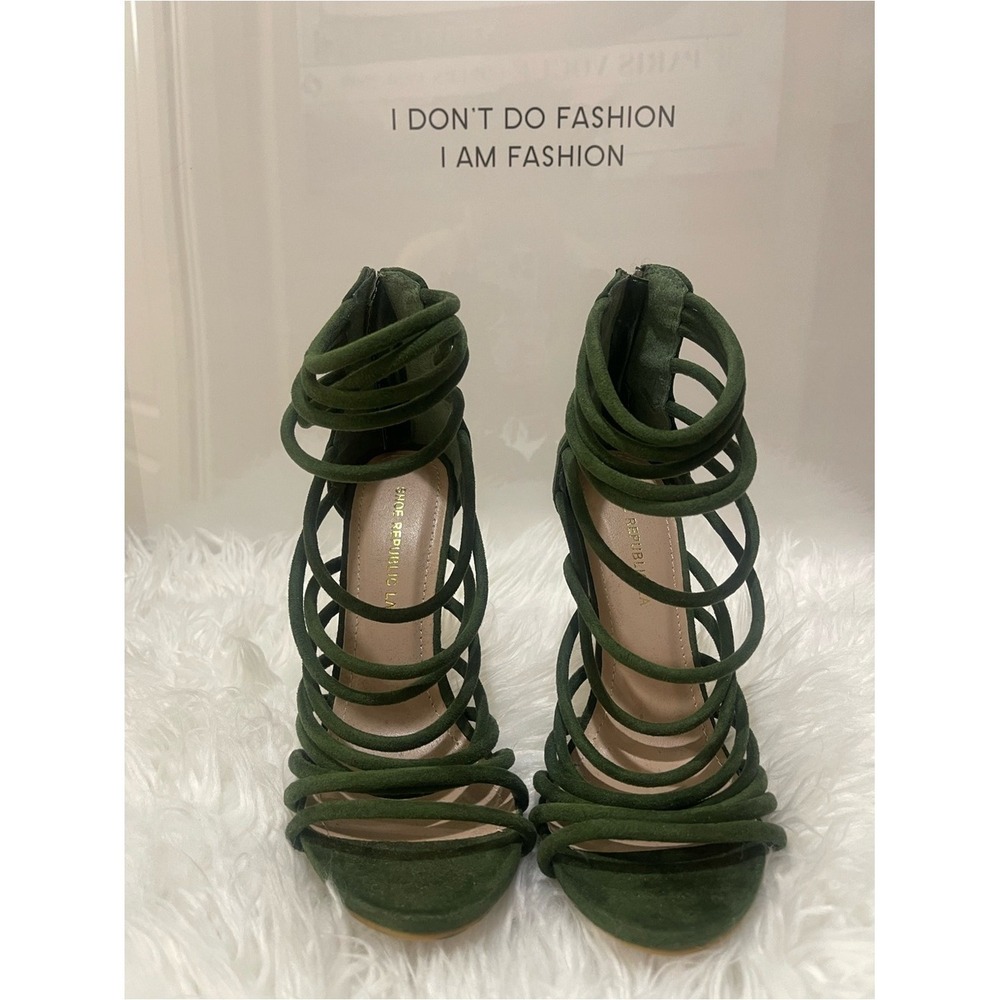 Shoe Republic LA Womens Olive Green Caged Strappy High Heel Sandals Size 6